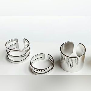 3 Piece Set, Unisex Simple Classic Unisex Adjustable Cuff Rings, Silver